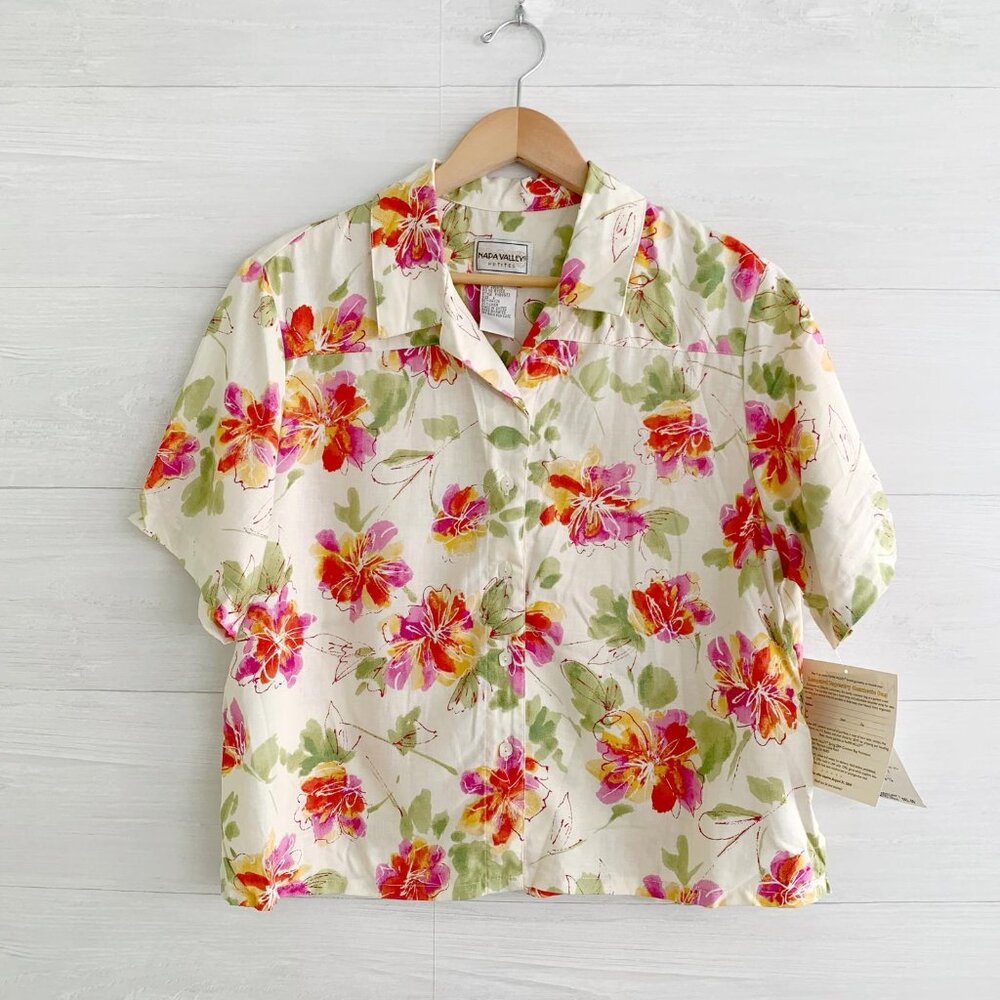 NWT Napa Valley Petites Tropical floral short sleeve linen rayon button shirt, L